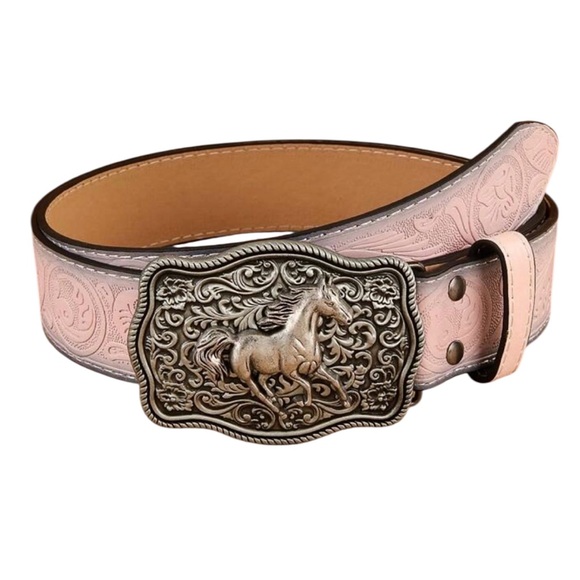 Country Girl western belt pink embossed faux leather retro horse buckle - Picture 8 of 11